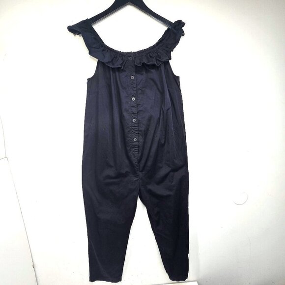 The Nines by Hatch Black Ruffle Neckline Collar Ankle Cropped Jumpsuit - Picture 3 of 10